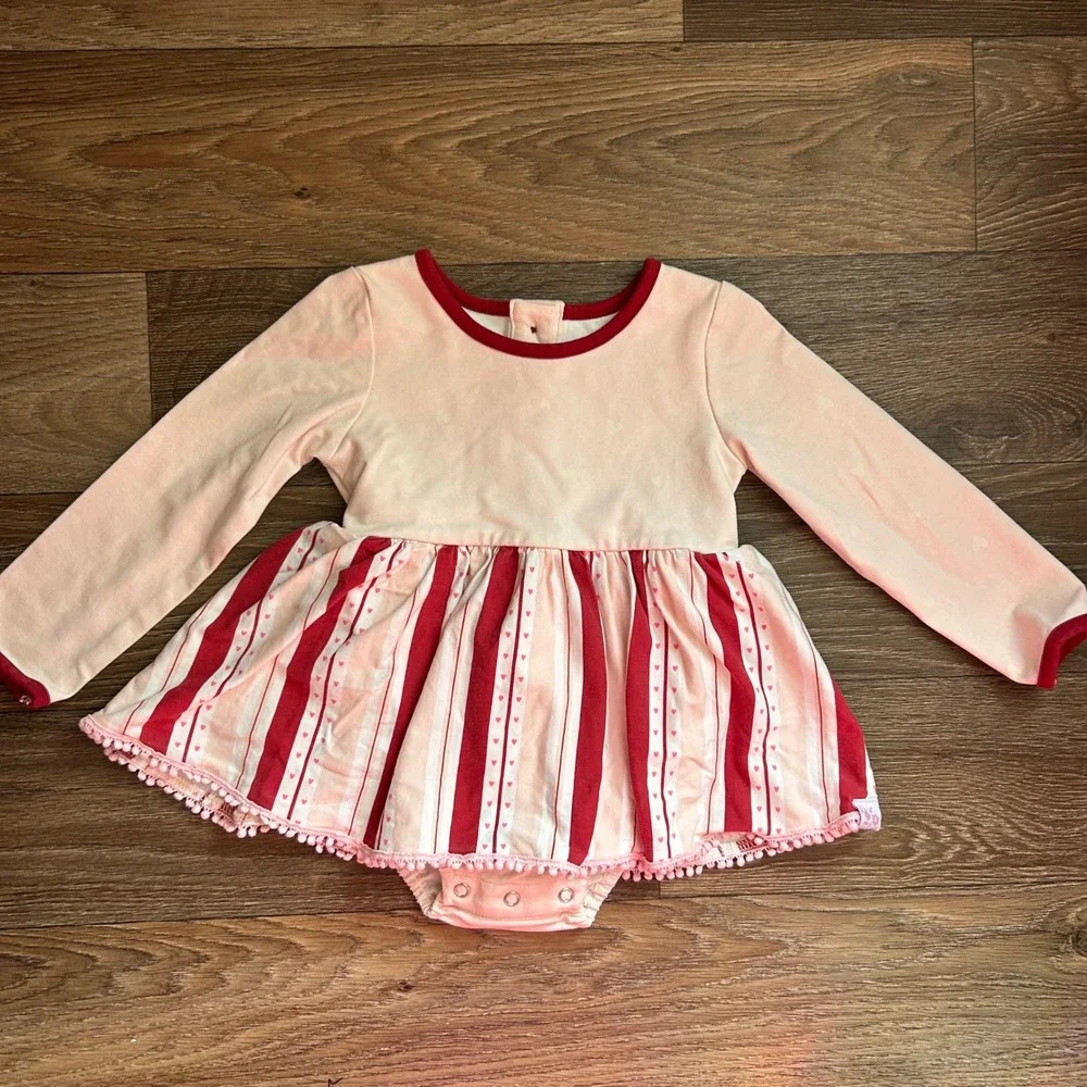 Sweet Honey Girls Pink Red Striped Heart Pom Pom Trim Bodysuit Dress 2T